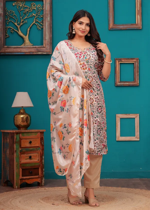 Cream_Chinon_V_Neck_3/4Th_Sleeves_Digital_Printed_Hand_Work_Straight_Kurta,_Pant_Set_With_Dupatta_New_