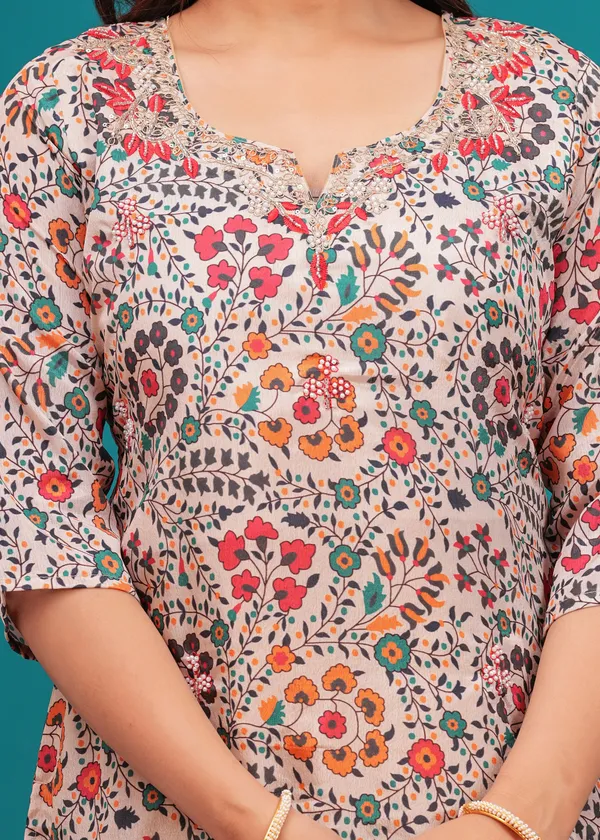 Cream_Chinon_V_Neck_3/4Th_Sleeves_Digital_Printed_Hand_Work_Straight_Kurta,_Pant_Set_With_Dupatta_New_