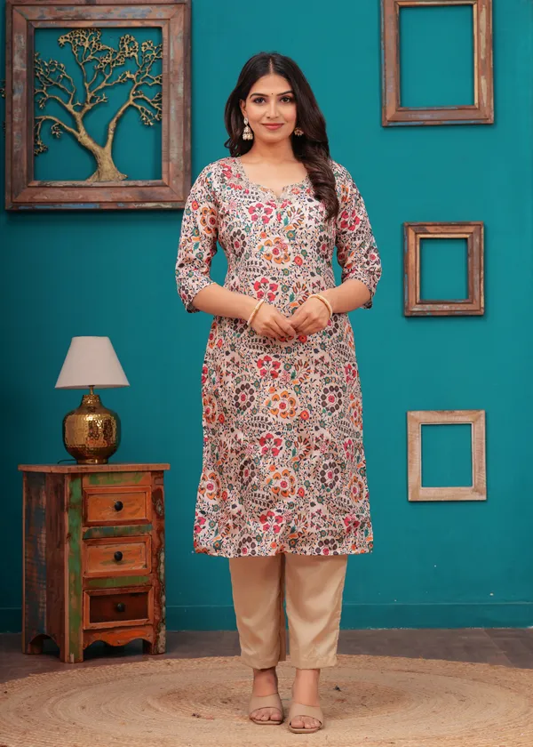Cream_Chinon_V_Neck_3/4Th_Sleeves_Digital_Printed_Hand_Work_Straight_Kurta,_Pant_Set_With_Dupatta_New_