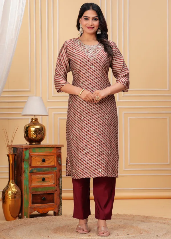 Maroon_&_Beige_Striped_Kurta_Set_with_Floral_Dupatta