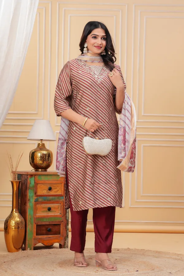 Maroon_&_Beige_Striped_Kurta_Set_with_Floral_Dupatta