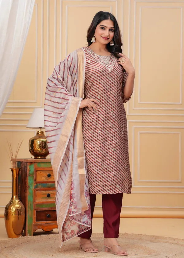 Maroon_&_Beige_Striped_Kurta_Set_with_Floral_Dupatta