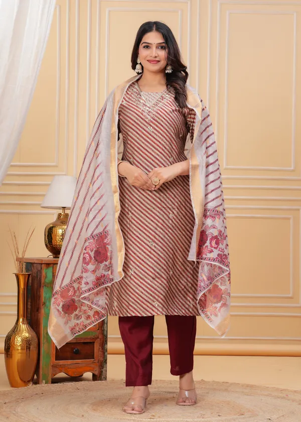 Maroon_&_Beige_Striped_Kurta_Set_with_Floral_Dupatta