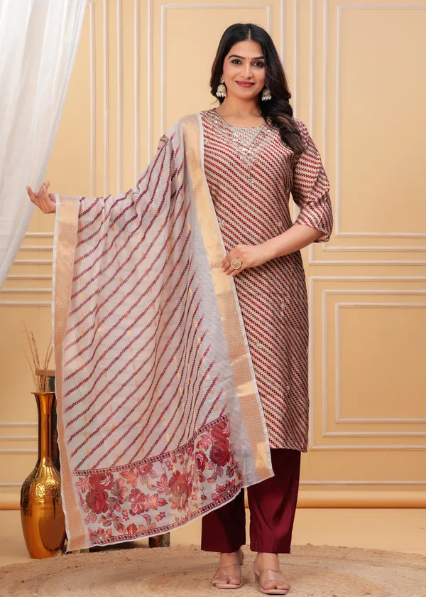 Maroon_&_Beige_Striped_Kurta_Set_with_Floral_Dupatta