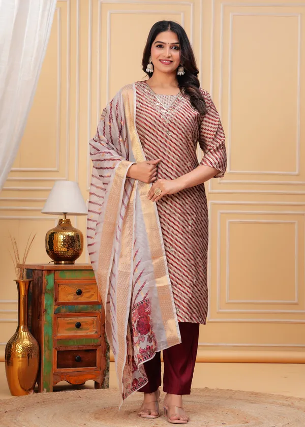 Maroon_&_Beige_Striped_Kurta_Set_with_Floral_Dupatta