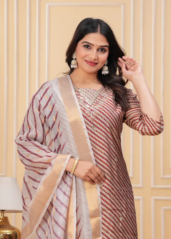 Maroon_&_Beige_Striped_Kurta_Set_with_Floral_Dupatta
