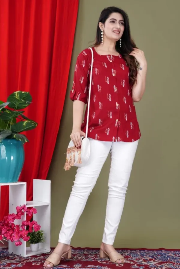 Casual_Roll_Up_Sleeves_Printed_Women_Red_Top