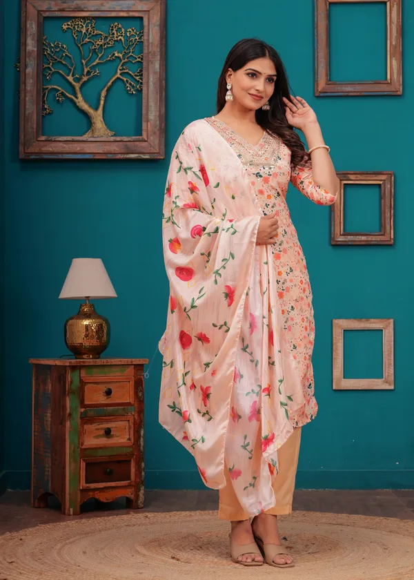 Pink_Chinon_V_Neck_3/4Th_Sleeves_Printed_Straight_Kurta,_Pant_Set_With_Dupatta