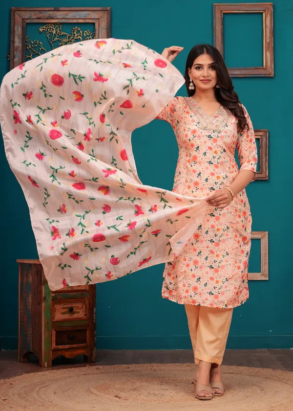 Pink_Chinon_V_Neck_3/4Th_Sleeves_Printed_Straight_Kurta,_Pant_Set_With_Dupatta