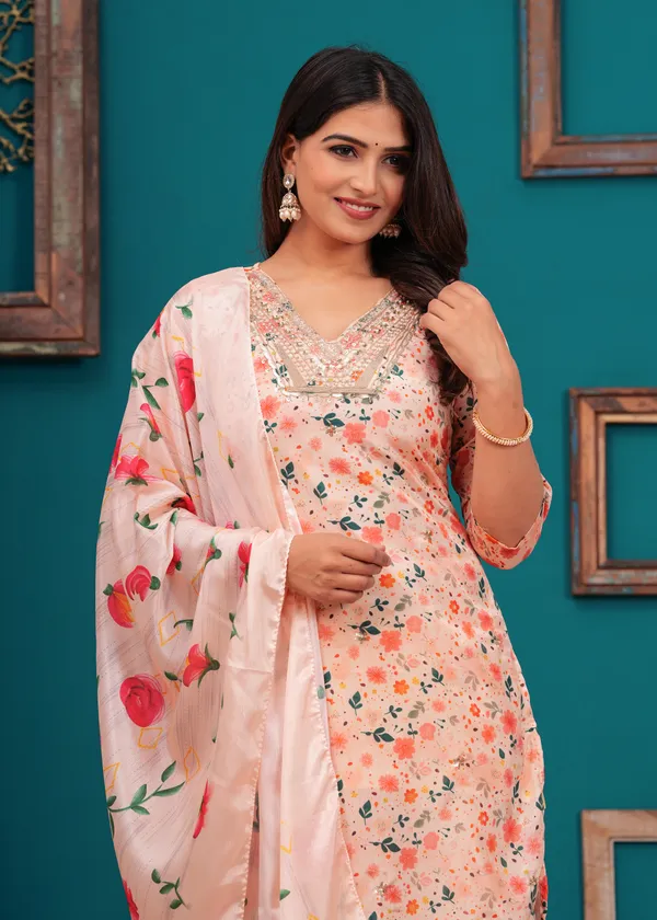 Pink_Chinon_V_Neck_3/4Th_Sleeves_Printed_Straight_Kurta,_Pant_Set_With_Dupatta