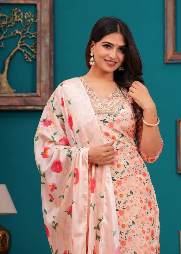 Pink_Chinon_V_Neck_3/4Th_Sleeves_Printed_Straight_Kurta,_Pant_Set_With_Dupatta