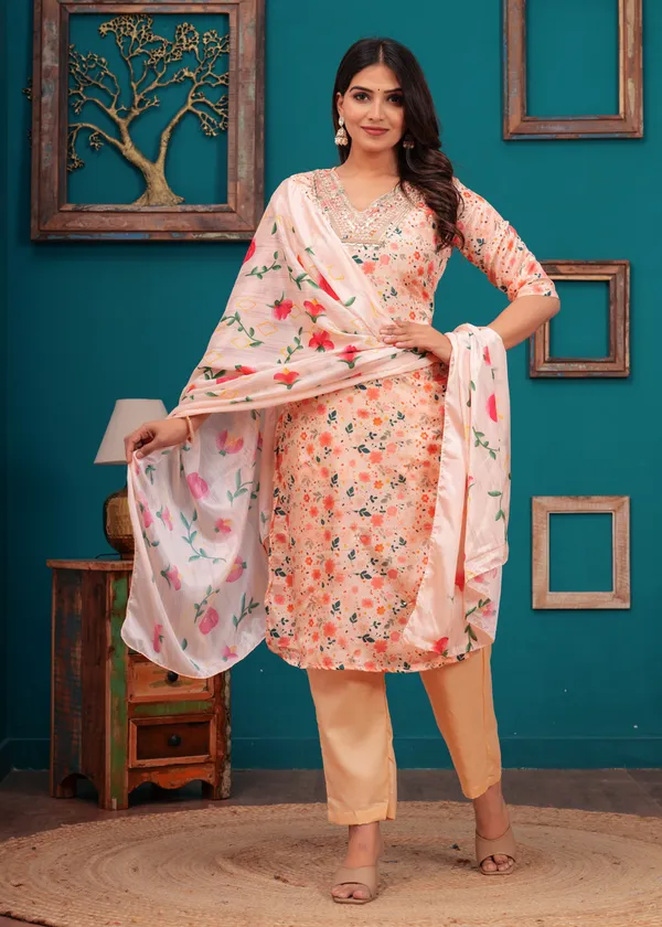 Pink_Chinon_V_Neck_3/4Th_Sleeves_Printed_Straight_Kurta,_Pant_Set_With_Dupatta