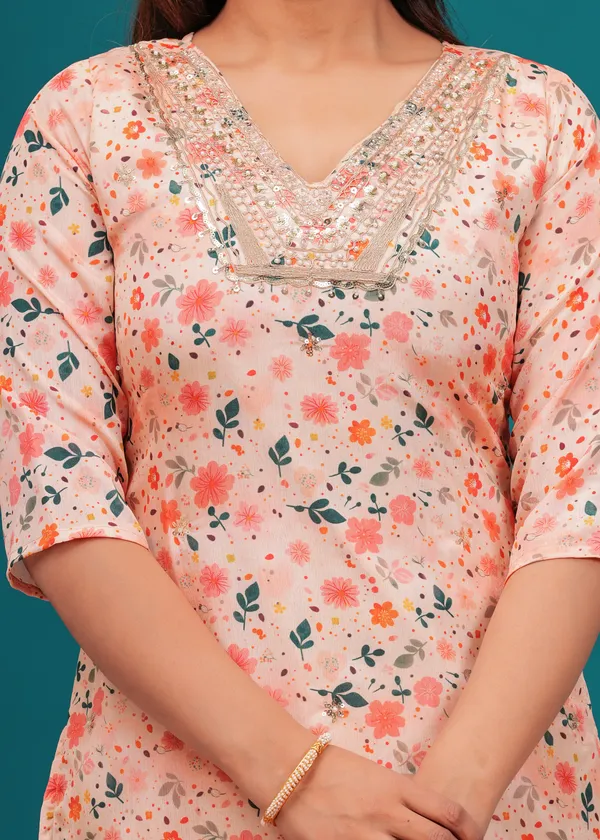 Pink_Chinon_V_Neck_3/4Th_Sleeves_Printed_Straight_Kurta,_Pant_Set_With_Dupatta
