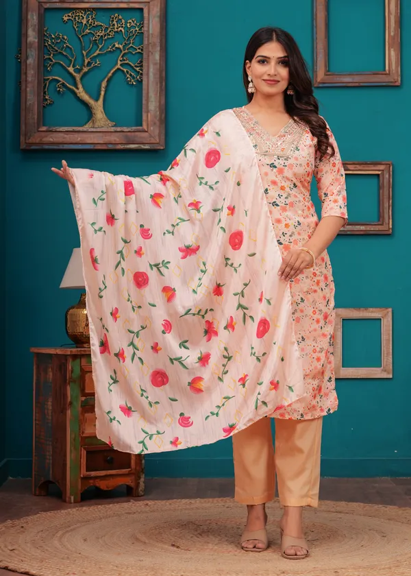 Pink_Chinon_V_Neck_3/4Th_Sleeves_Printed_Straight_Kurta,_Pant_Set_With_Dupatta