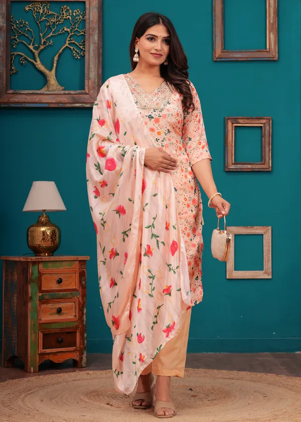 Pink_Chinon_V_Neck_3/4Th_Sleeves_Printed_Straight_Kurta,_Pant_Set_With_Dupatta