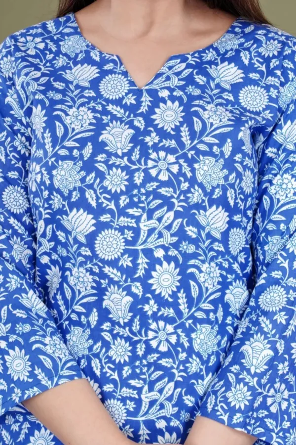 Blue_Rayon_Round_Collar_3/4Th_Sleeves_Floral_Printed_Top_&_Pant_Co-Ord_Set