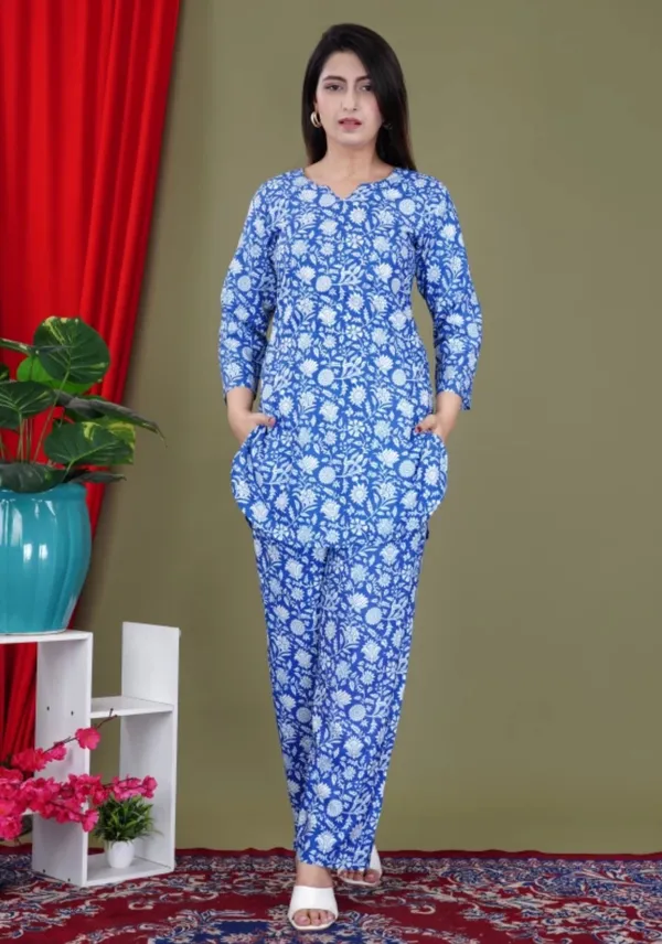 Blue_Rayon_Round_Collar_3/4Th_Sleeves_Floral_Printed_Top_&_Pant_Co-Ord_Set