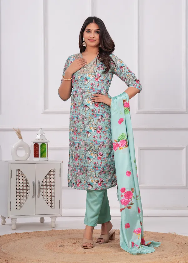 Light_Green_Chinon_V_Neck_3/4Th_Sleeves_Floral_Printed_Straight_Kurta,_Pant_Set_With_Dupatta