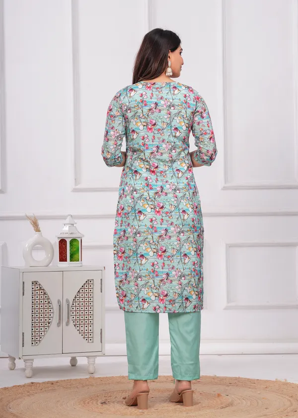 Light_Green_Chinon_V_Neck_3/4Th_Sleeves_Floral_Printed_Straight_Kurta,_Pant_Set_With_Dupatta