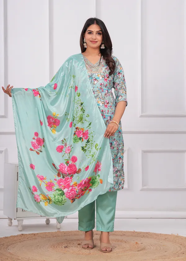 Light_Green_Chinon_V_Neck_3/4Th_Sleeves_Floral_Printed_Straight_Kurta,_Pant_Set_With_Dupatta