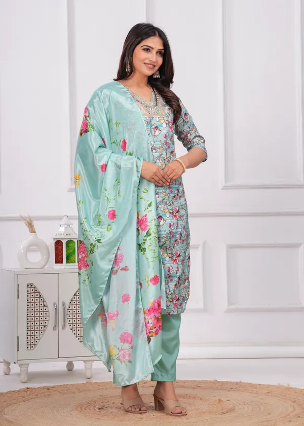 Light_Green_Chinon_V_Neck_3/4Th_Sleeves_Floral_Printed_Straight_Kurta,_Pant_Set_With_Dupatta