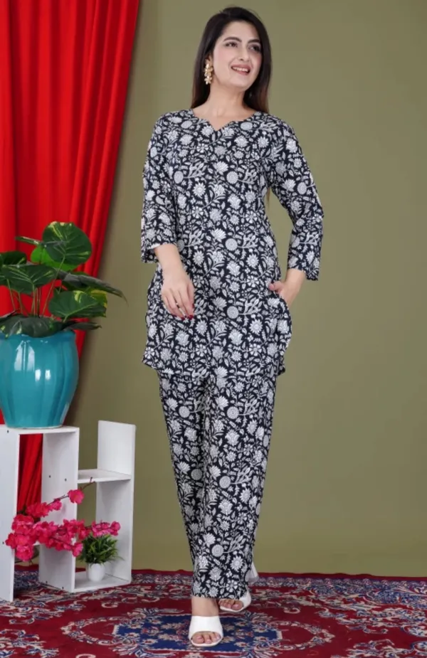 Black_Rayon_Round_Collar_3/4Th_Sleeves_Floral_Printed_Top_&_Pant_Co-Ord_Set