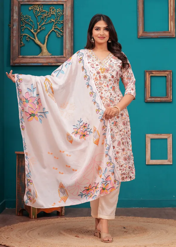 Cream_Chinon_V_Neck_3/4Th_Sleeves_Floral_Embroidered_Printed_Straight_Kurta,_Pant_Set_With_Dupatta