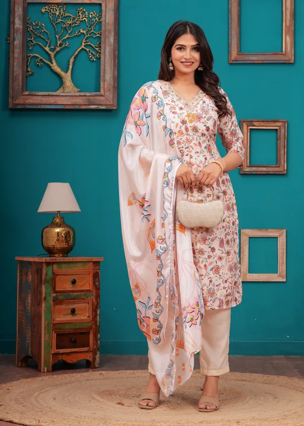 Cream_Chinon_V_Neck_3/4Th_Sleeves_Floral_Embroidered_Printed_Straight_Kurta,_Pant_Set_With_Dupatta