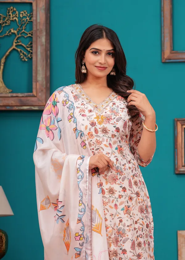 Cream_Chinon_V_Neck_3/4Th_Sleeves_Floral_Embroidered_Printed_Straight_Kurta,_Pant_Set_With_Dupatta