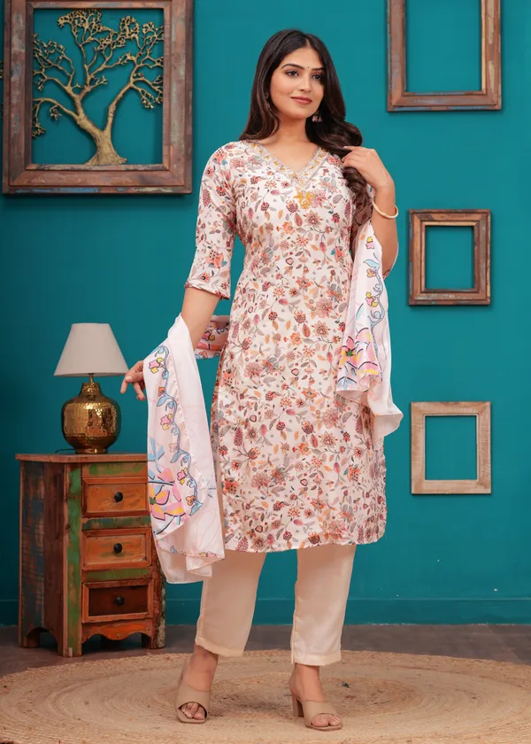 Cream_Chinon_V_Neck_3/4Th_Sleeves_Floral_Embroidered_Printed_Straight_Kurta,_Pant_Set_With_Dupatta