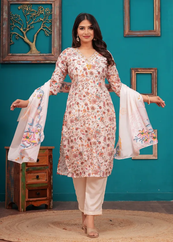 Cream_Chinon_V_Neck_3/4Th_Sleeves_Floral_Embroidered_Printed_Straight_Kurta,_Pant_Set_With_Dupatta