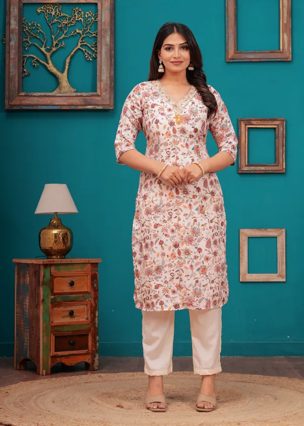 Cream_Chinon_V_Neck_3/4Th_Sleeves_Floral_Embroidered_Printed_Straight_Kurta,_Pant_Set_With_Dupatta
