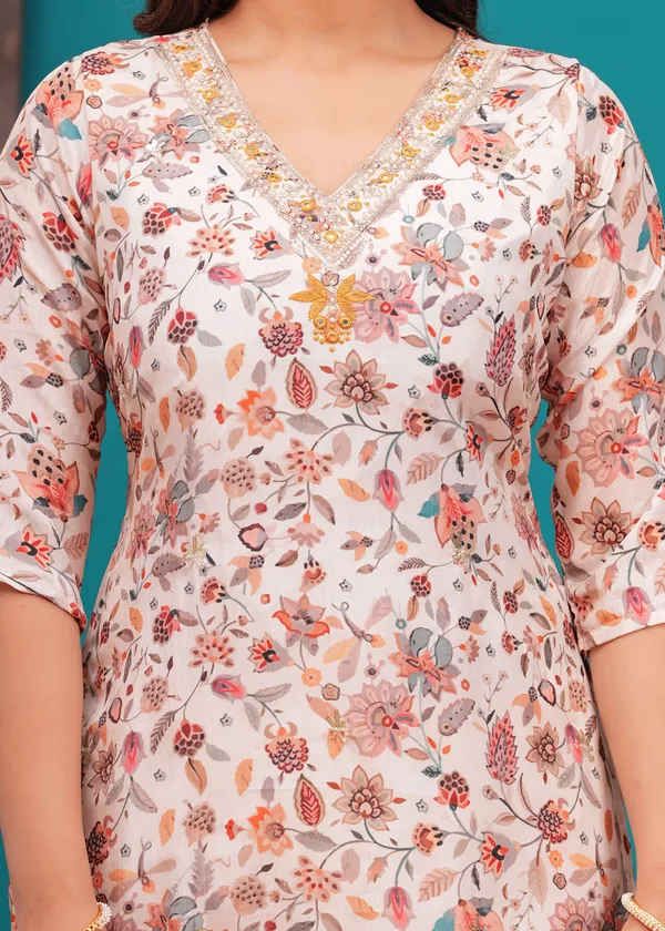 Cream_Chinon_V_Neck_3/4Th_Sleeves_Floral_Embroidered_Printed_Straight_Kurta,_Pant_Set_With_Dupatta