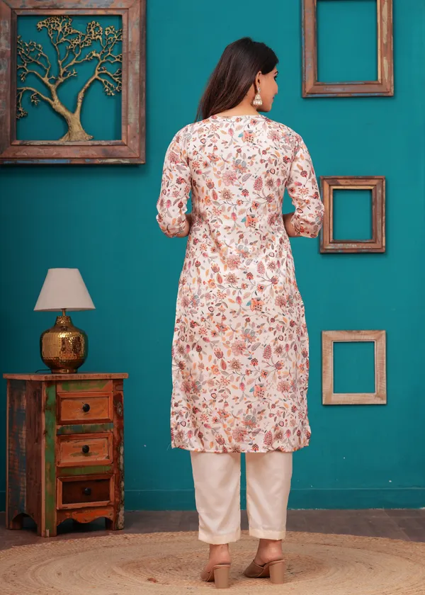 Cream_Chinon_V_Neck_3/4Th_Sleeves_Floral_Embroidered_Printed_Straight_Kurta,_Pant_Set_With_Dupatta