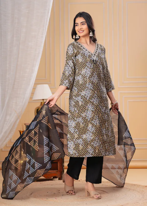 Black_&_Gold_Geometric_Print_Kurta_Set_with_Embellished_Dupatta