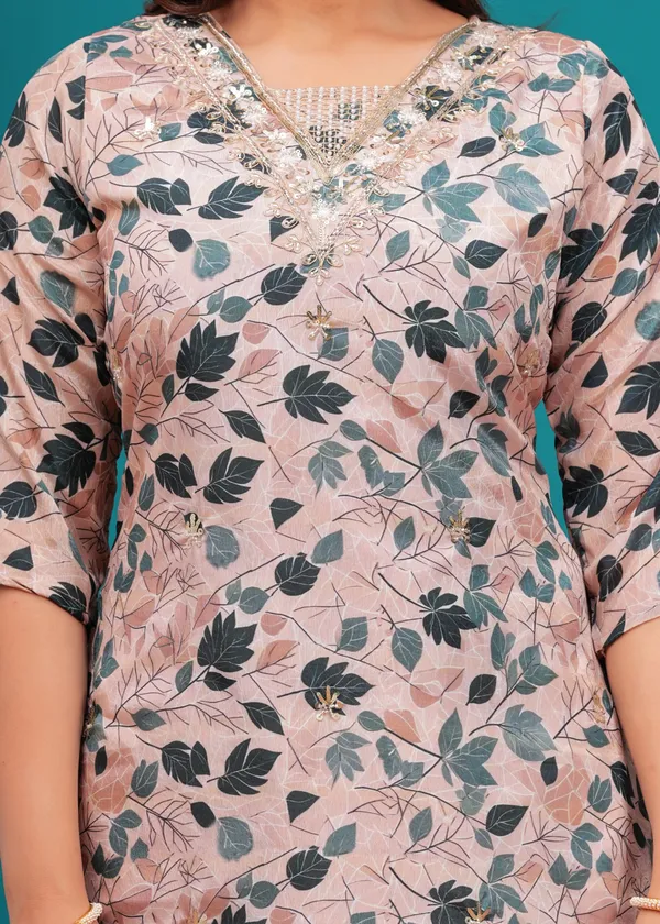 Cream_Chinon_V_Neck_3/4Th_Sleeves_Floral_Digital_Printed_Straight_Kurta,_Pant_Set_With_Dupatta_New