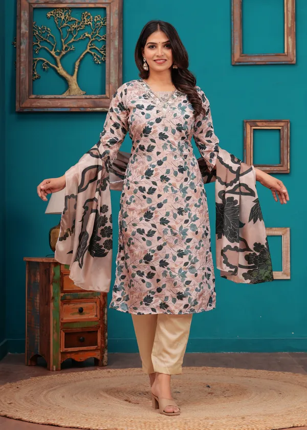 Cream_Chinon_V_Neck_3/4Th_Sleeves_Floral_Digital_Printed_Straight_Kurta,_Pant_Set_With_Dupatta_New