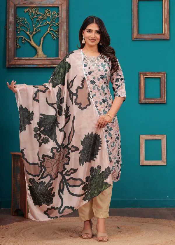Cream_Chinon_V_Neck_3/4Th_Sleeves_Floral_Digital_Printed_Straight_Kurta,_Pant_Set_With_Dupatta_New