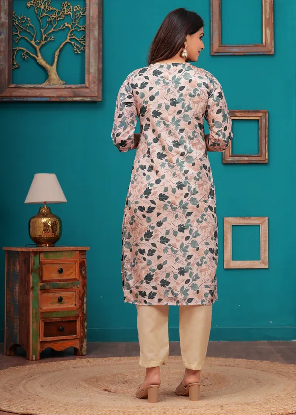 Cream_Chinon_V_Neck_3/4Th_Sleeves_Floral_Digital_Printed_Straight_Kurta,_Pant_Set_With_Dupatta_New