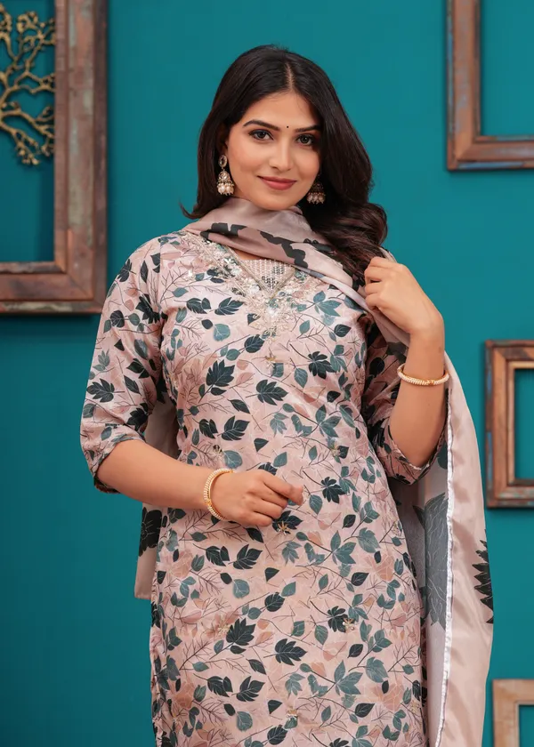 Cream_Chinon_V_Neck_3/4Th_Sleeves_Floral_Digital_Printed_Straight_Kurta,_Pant_Set_With_Dupatta_New