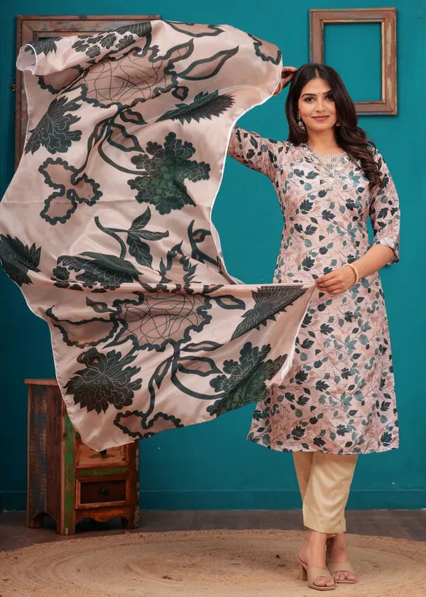 Cream_Chinon_V_Neck_3/4Th_Sleeves_Floral_Digital_Printed_Straight_Kurta,_Pant_Set_With_Dupatta_New