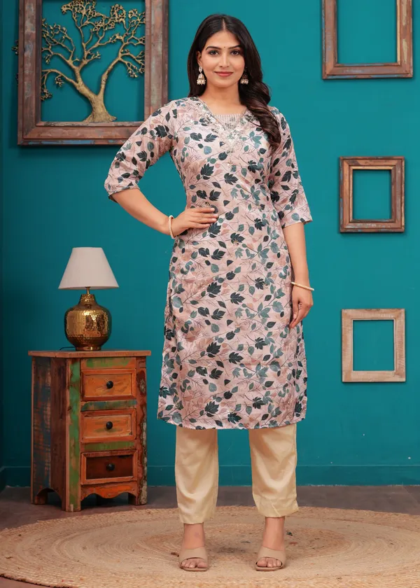 Cream_Chinon_V_Neck_3/4Th_Sleeves_Floral_Digital_Printed_Straight_Kurta,_Pant_Set_With_Dupatta_New
