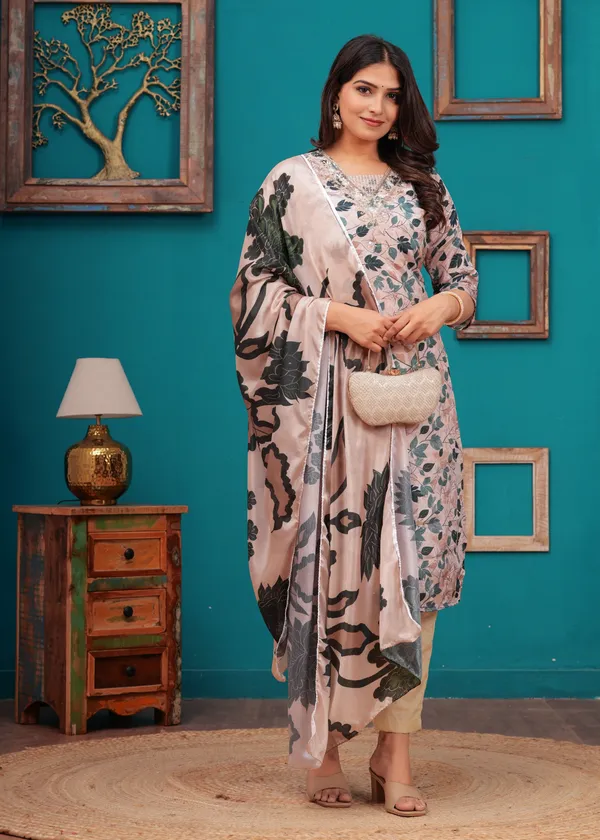 Cream_Chinon_V_Neck_3/4Th_Sleeves_Floral_Digital_Printed_Straight_Kurta,_Pant_Set_With_Dupatta_New