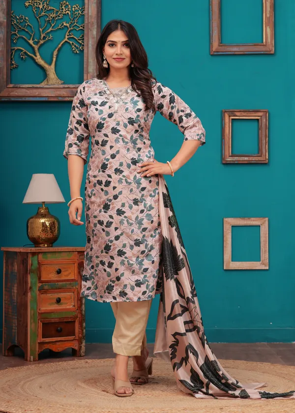 Cream_Chinon_V_Neck_3/4Th_Sleeves_Floral_Digital_Printed_Straight_Kurta,_Pant_Set_With_Dupatta_New