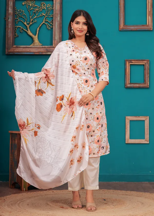 White_Chinon_V_Neck_3/4Th_Sleeves_Floral_Straight_Kurta,_Pant_Set_With_Embroidered_Detailing_Dupatta_For_Women_&_Girls_new