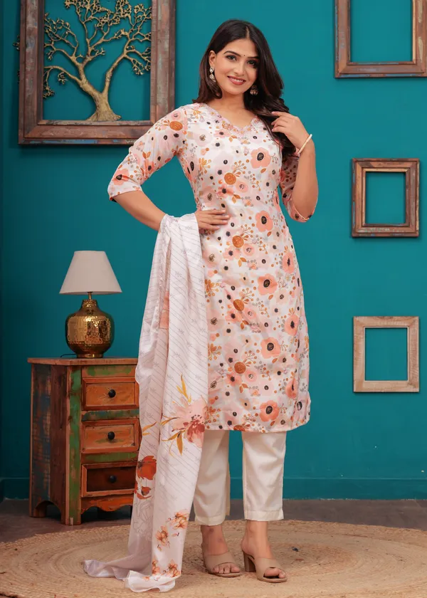 White_Chinon_V_Neck_3/4Th_Sleeves_Floral_Straight_Kurta,_Pant_Set_With_Embroidered_Detailing_Dupatta_For_Women_&_Girls_new