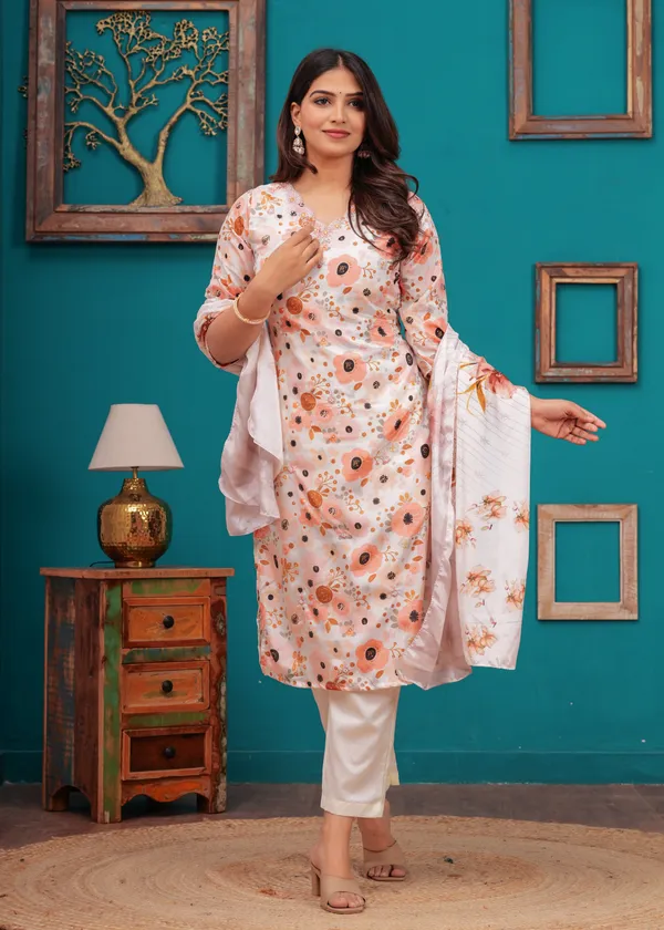 White_Chinon_V_Neck_3/4Th_Sleeves_Floral_Straight_Kurta,_Pant_Set_With_Embroidered_Detailing_Dupatta_For_Women_&_Girls_new