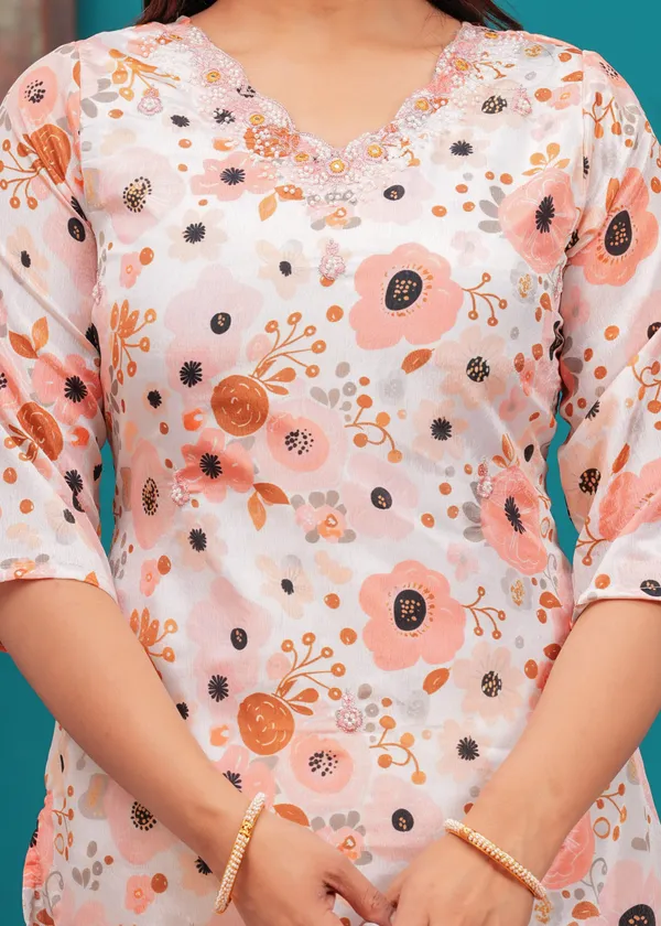 White_Chinon_V_Neck_3/4Th_Sleeves_Floral_Straight_Kurta,_Pant_Set_With_Embroidered_Detailing_Dupatta_For_Women_&_Girls_new