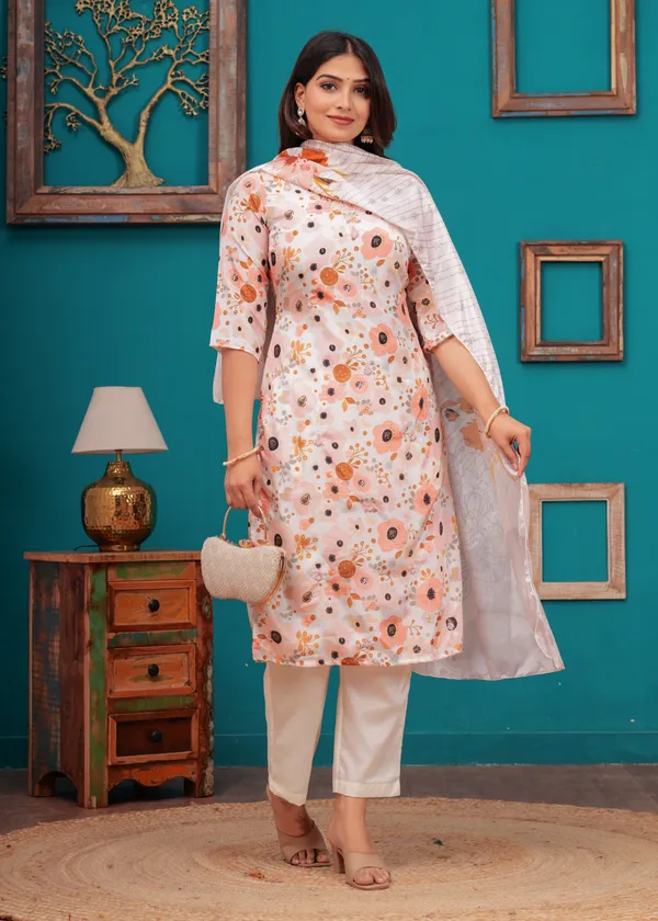 White_Chinon_V_Neck_3/4Th_Sleeves_Floral_Straight_Kurta,_Pant_Set_With_Embroidered_Detailing_Dupatta_For_Women_&_Girls_new