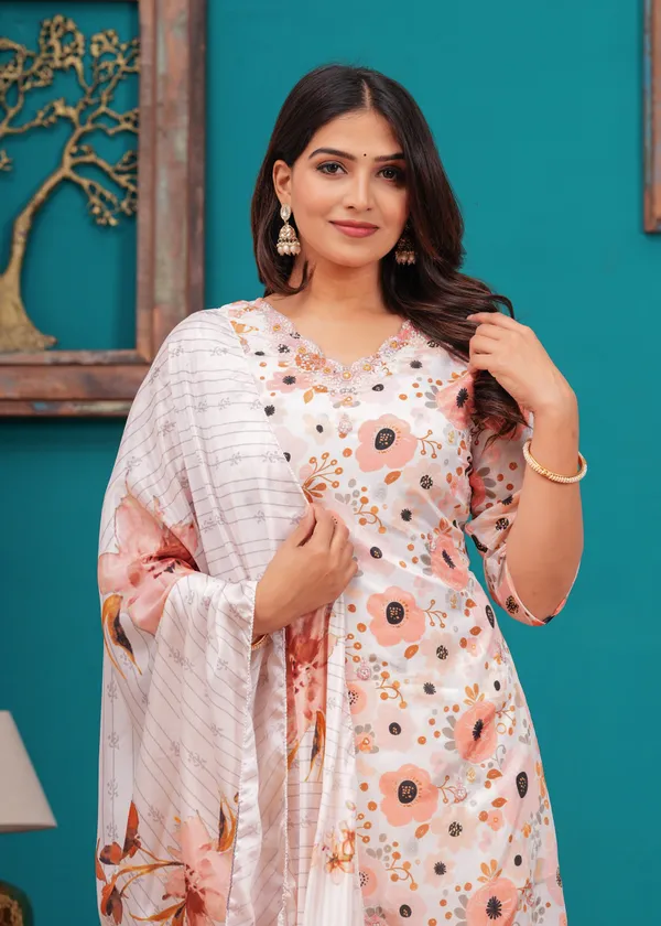 White_Chinon_V_Neck_3/4Th_Sleeves_Floral_Straight_Kurta,_Pant_Set_With_Embroidered_Detailing_Dupatta_For_Women_&_Girls_new